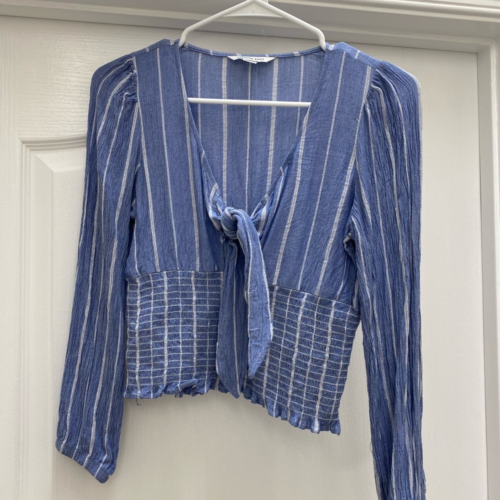 American Eagle Stripped Linen Crop Top